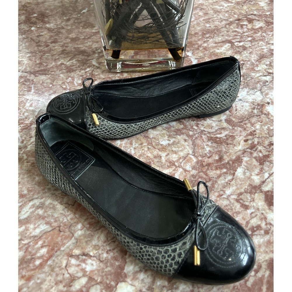 TORY BURCH Verbena Snake Leather Slipon Logo Bow Ballet Flats Sz 7.5 EUC! $265